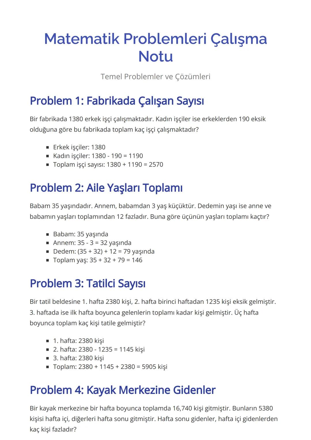 # Matematik Problemleri Çalışma
Notu
Temel Problemler ve Çözümleri
## Problem 1: Fabrikada Çalışan Sayısı
Bir fabrikada 1380 erkek işçi ç