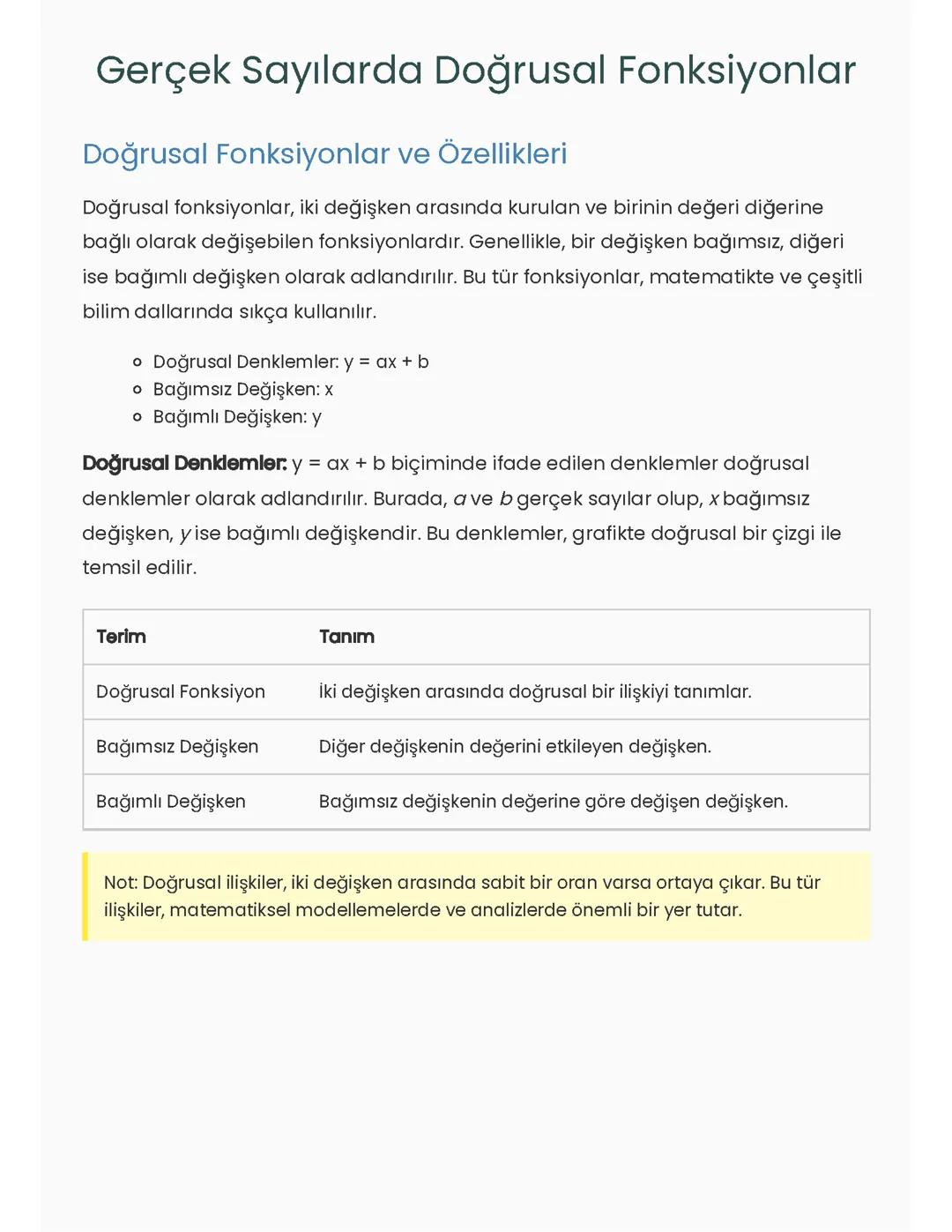 Gerçek Sayılarda Doğrusal Fonksiyonların Temelleri