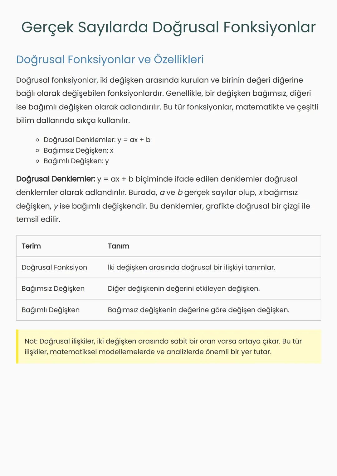 Gerçek Sayılarda Doğrusal Fonksiyonlar
Doğrusal Fonksiyonlar ve Özellikleri
Doğrusal fonksiyonlar, iki değişken arasında kurulan ve birinin