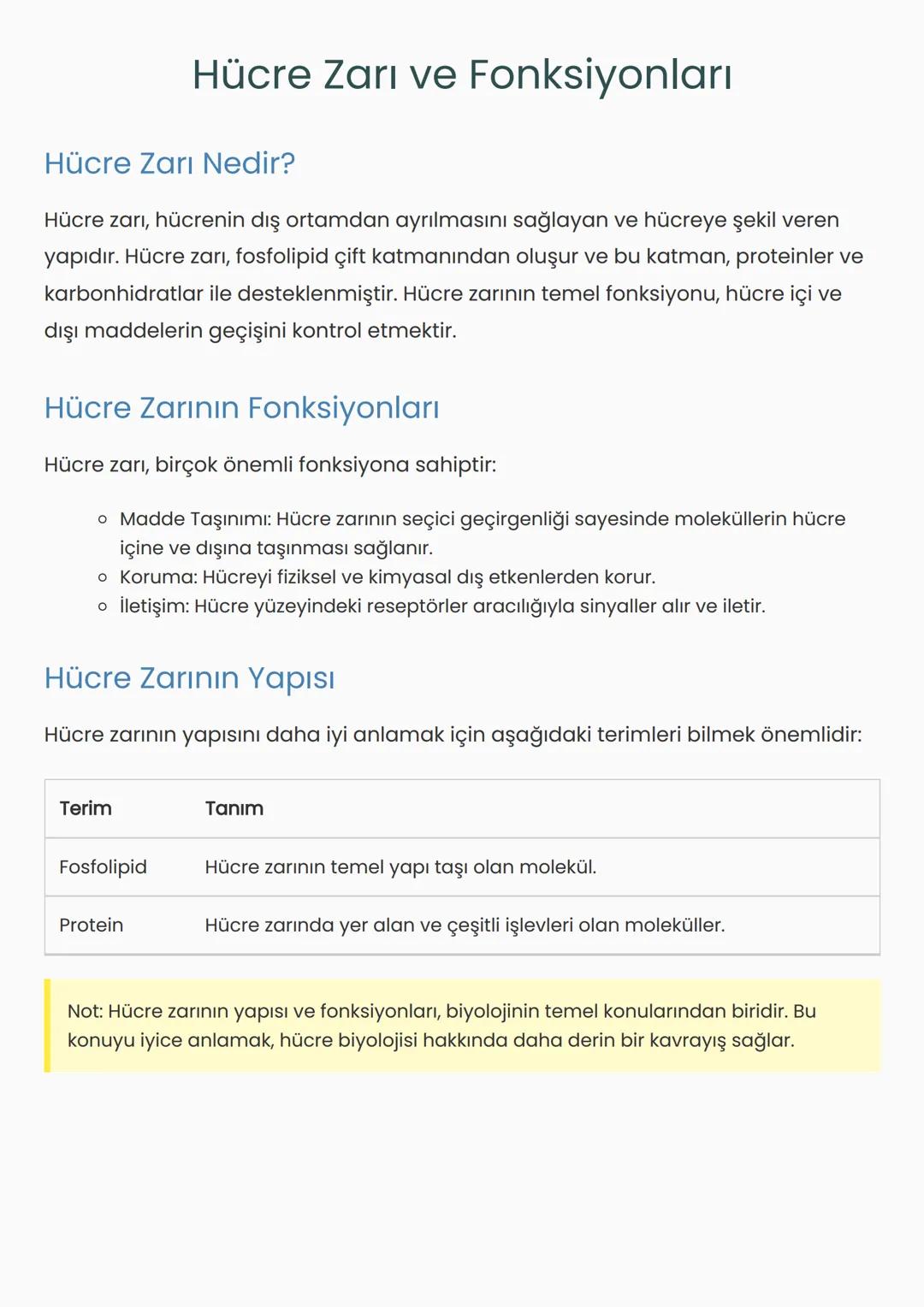 # Hücre Zarı ve Fonksiyonları
## Hücre Zarı Nedir?
Hücre zarı, hücrenin dış ortamdan ayrılmasını sağlayan ve hücreye şekil veren
yapıdır.