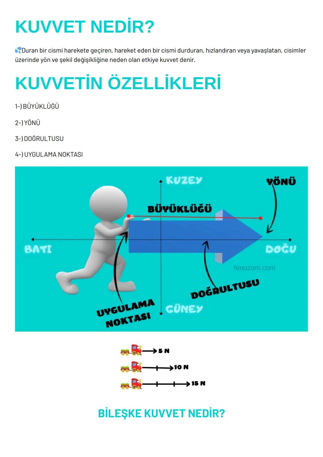 KUVVET NEDİR?
Duran bir cismi harekete geçiren, hareket eden bir cismi durduran, hızlandıran veya yavaşlatan, cisimler
üzerinde yön ve şekil