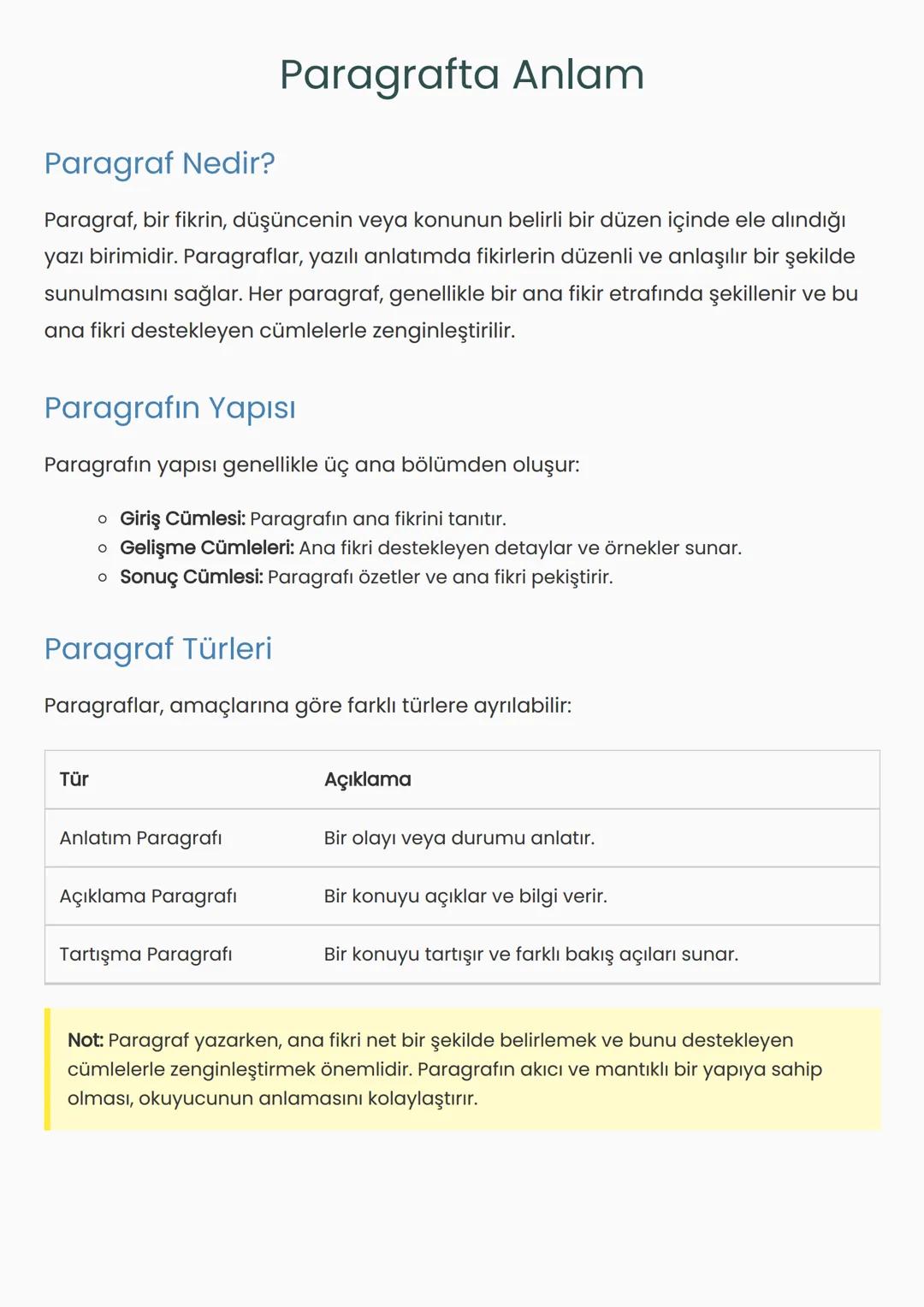 Paragraf Nedir?
Paragrafta Anlam
Paragraf, bir fikrin, düşüncenin veya konunun belirli bir düzen içinde ele alındığı
yazı birimidir. Paragra