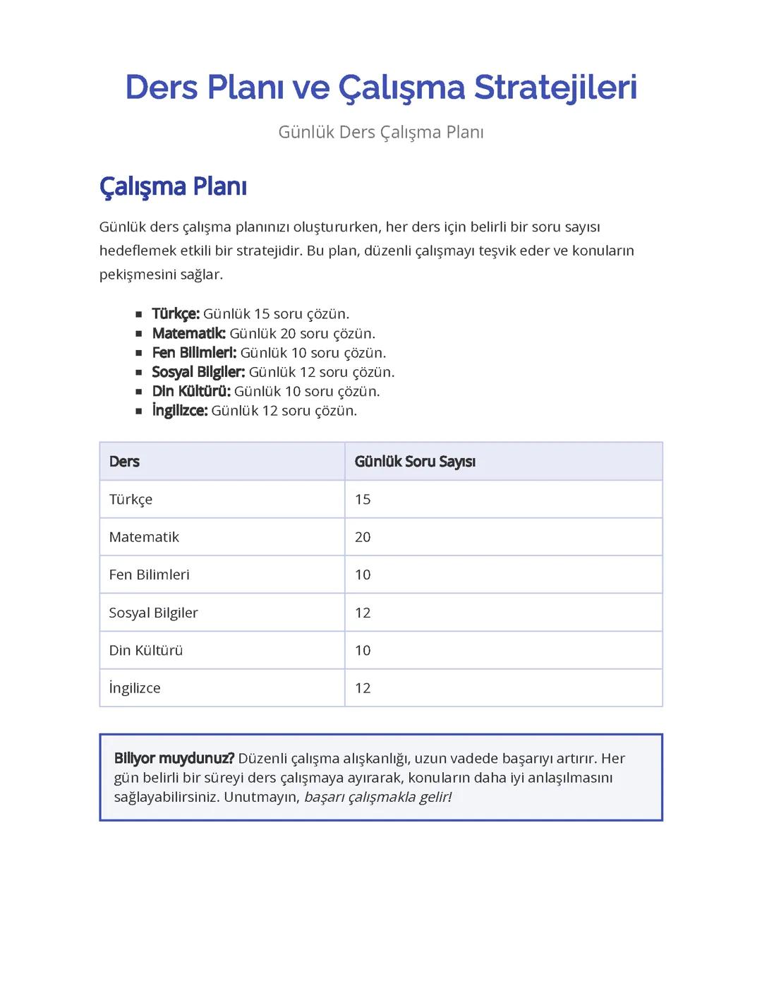 Ders Planı ve Çalışma Stratejileri