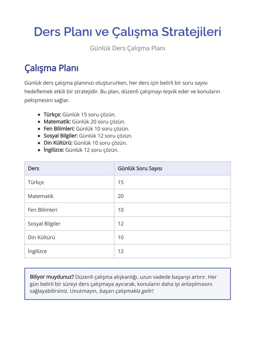 Ders Planı ve Çalışma Stratejileri
Çalışma Planı
Günlük Ders Çalışma Planı
Günlük ders çalışma planınızı oluştururken, her ders için belirli