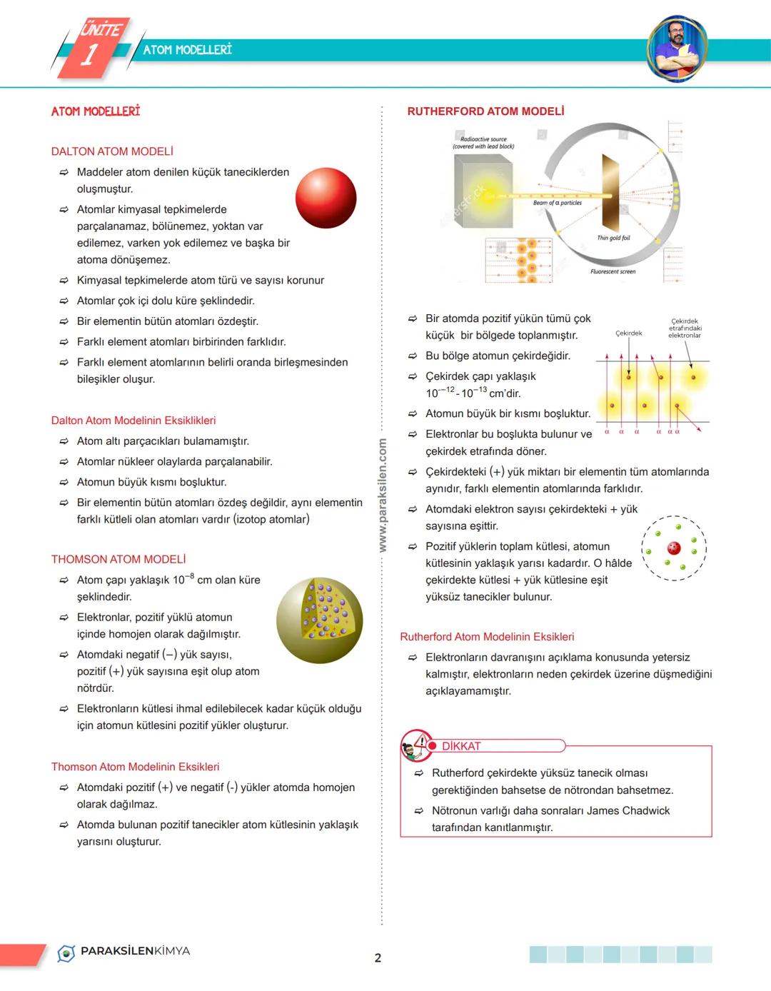 # 1. TEMA
1.2. ATOMUN YAPISI # UNITE
1 ATOM MODELLERİ
ATOM MODELLERİ
DALTON ATOM MODELI
- Maddeler atom denilen küçük taneciklerden
oluşm
