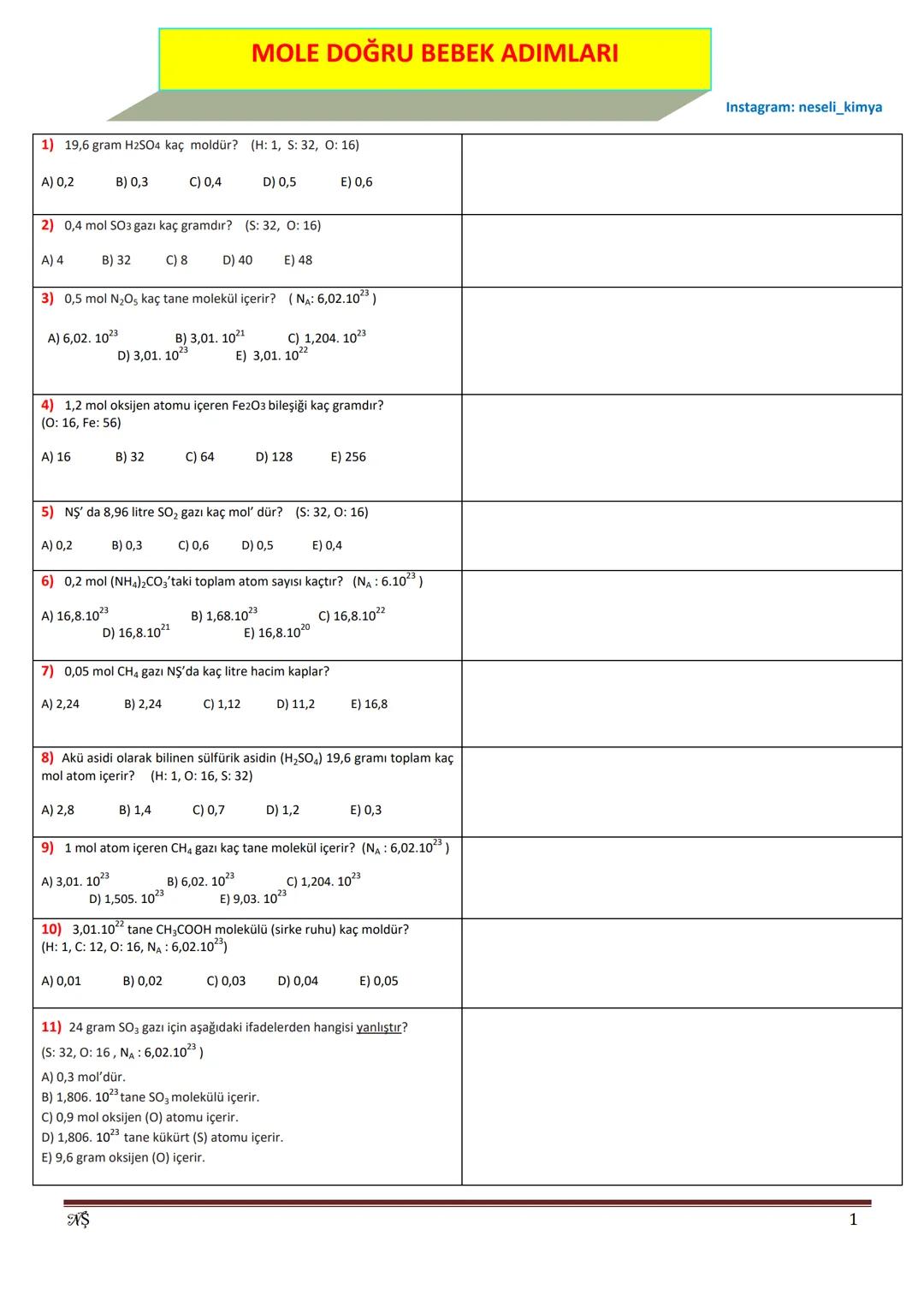 10.SINIF KİMYA MOL SORULARI