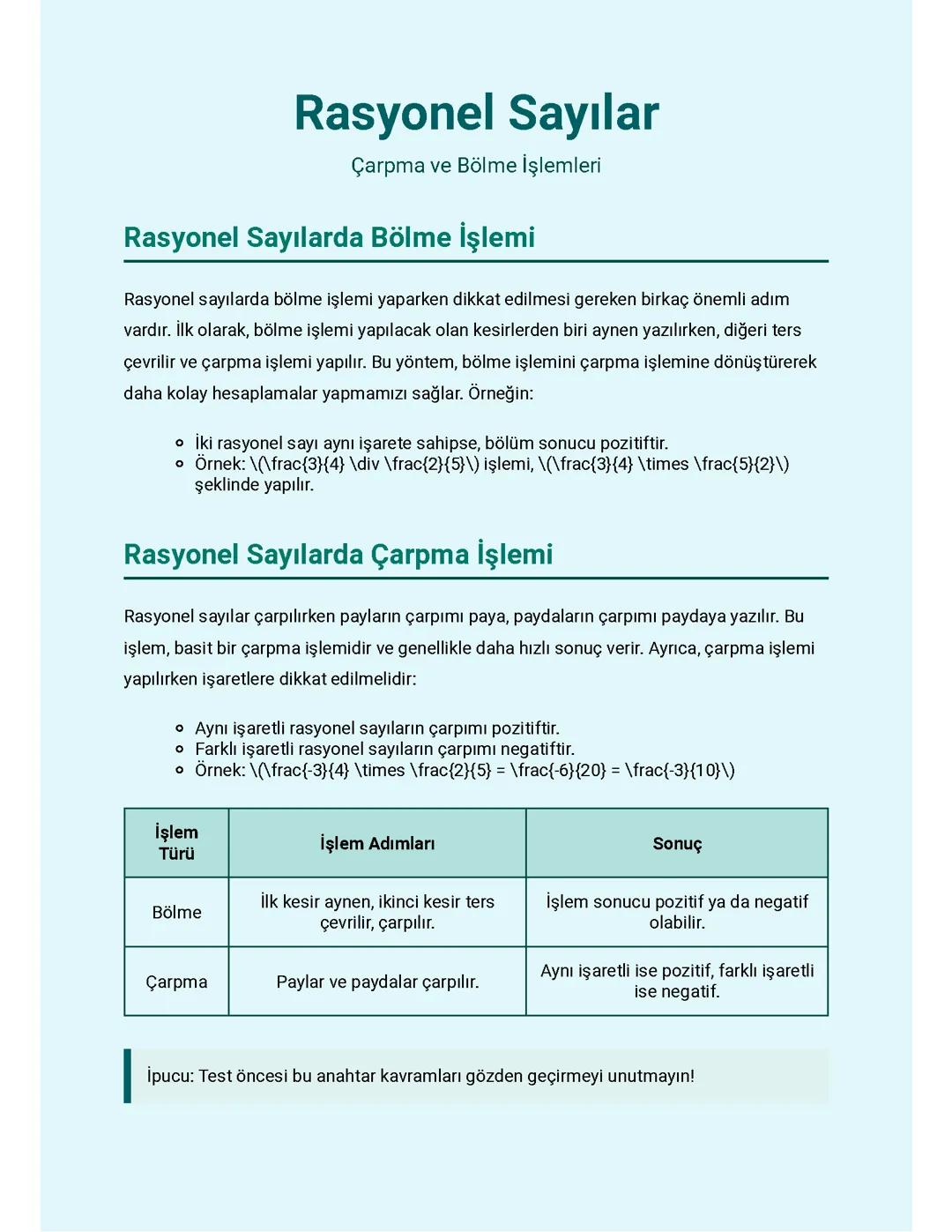 Rasyonel Sayılarda Çarpma ve Bölme: Konu Anlatımı ve Örnekler