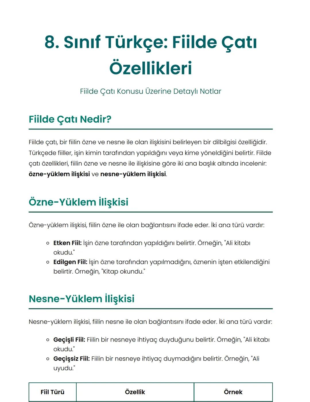 # 8. Sınıf Türkçe: Fiilde Çatı
## Özellikleri
Fiilde Çatı Konusu Üzerine Detaylı Notlar
## Fiilde Çatı Nedir?
Fiilde çatı, bir fiilin özne