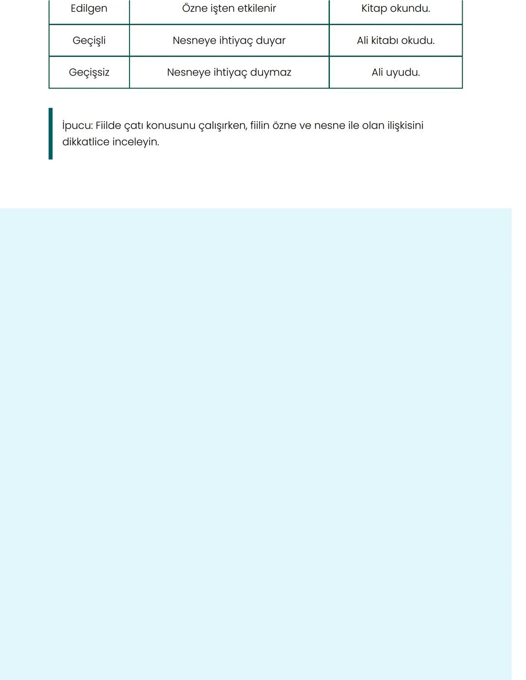 # 8. Sınıf Türkçe: Fiilde Çatı
## Özellikleri
Fiilde Çatı Konusu Üzerine Detaylı Notlar
## Fiilde Çatı Nedir?
Fiilde çatı, bir fiilin özne