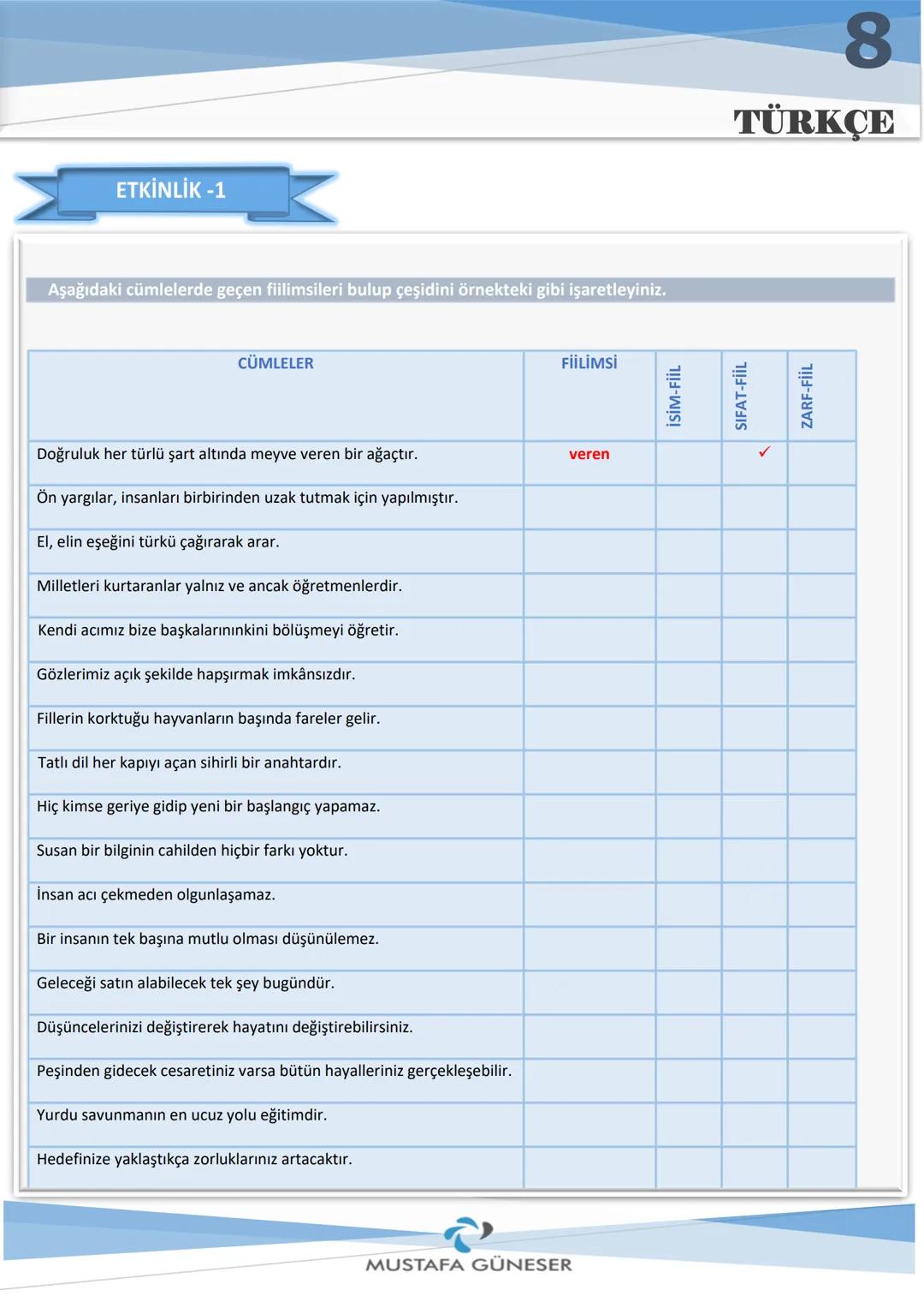 FİİLİMSİ
8
TÜRKÇE
İSİM-FİİL
(ma-(y)ış-mak)
Fiillere getirilen "-ma/-me, -mak/-mek, -iş/-iş/-uş,-üş" ekleriyle
yapılır.
Onunla tanışmayı çok