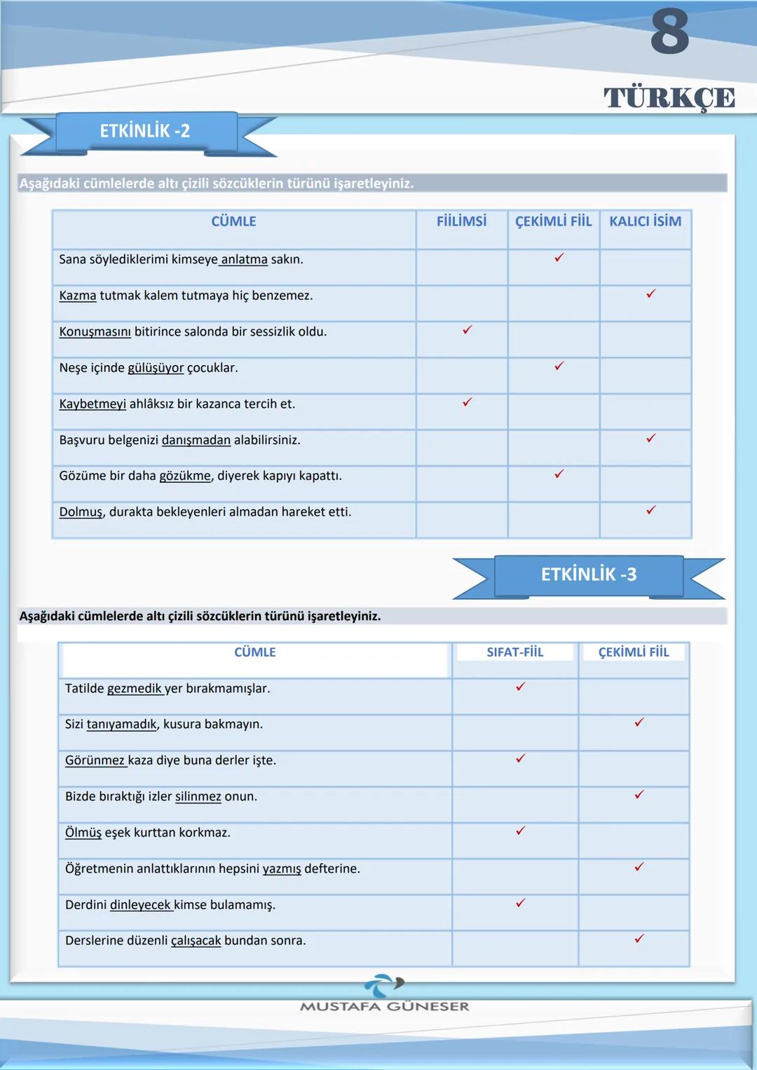 FİİLİMSİ
8
TÜRKÇE
İSİM-FİİL
(ma-(y)ış-mak)
Fiillere getirilen "-ma/-me, -mak/-mek, -iş/-iş/-uş,-üş" ekleriyle
yapılır.
Onunla tanışmayı çok