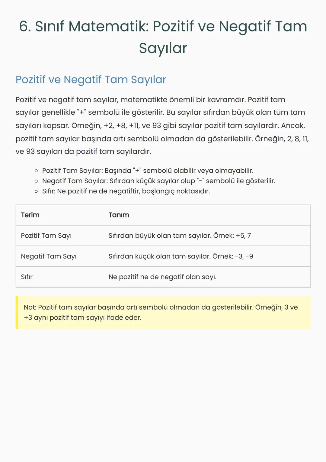 # 6. Sınıf Matematik: Pozitif ve Negatif Tam
Sayılar
## Pozitif ve Negatif Tam Sayılar
Pozitif ve negatif tam sayılar, matematikte önemli