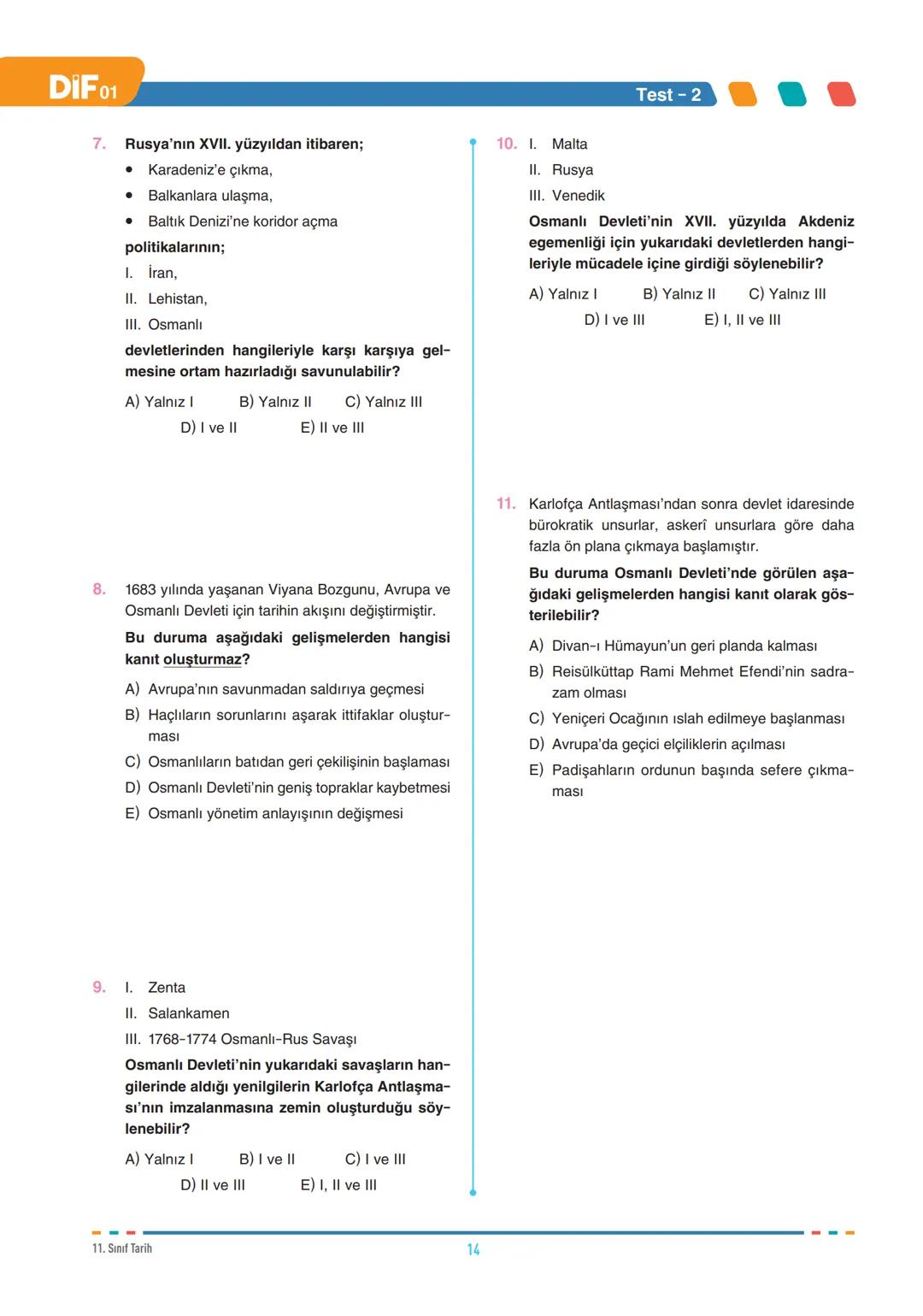 FÖY
01
DIF
TARİH
DEĞİŞEN DÜNYA DENGELERİ KARŞISINDA OSMANLI SİYASETİ (1595-1774)-1
11.1.1. 1595-1700 yılları arasındaki süreçte meydana g