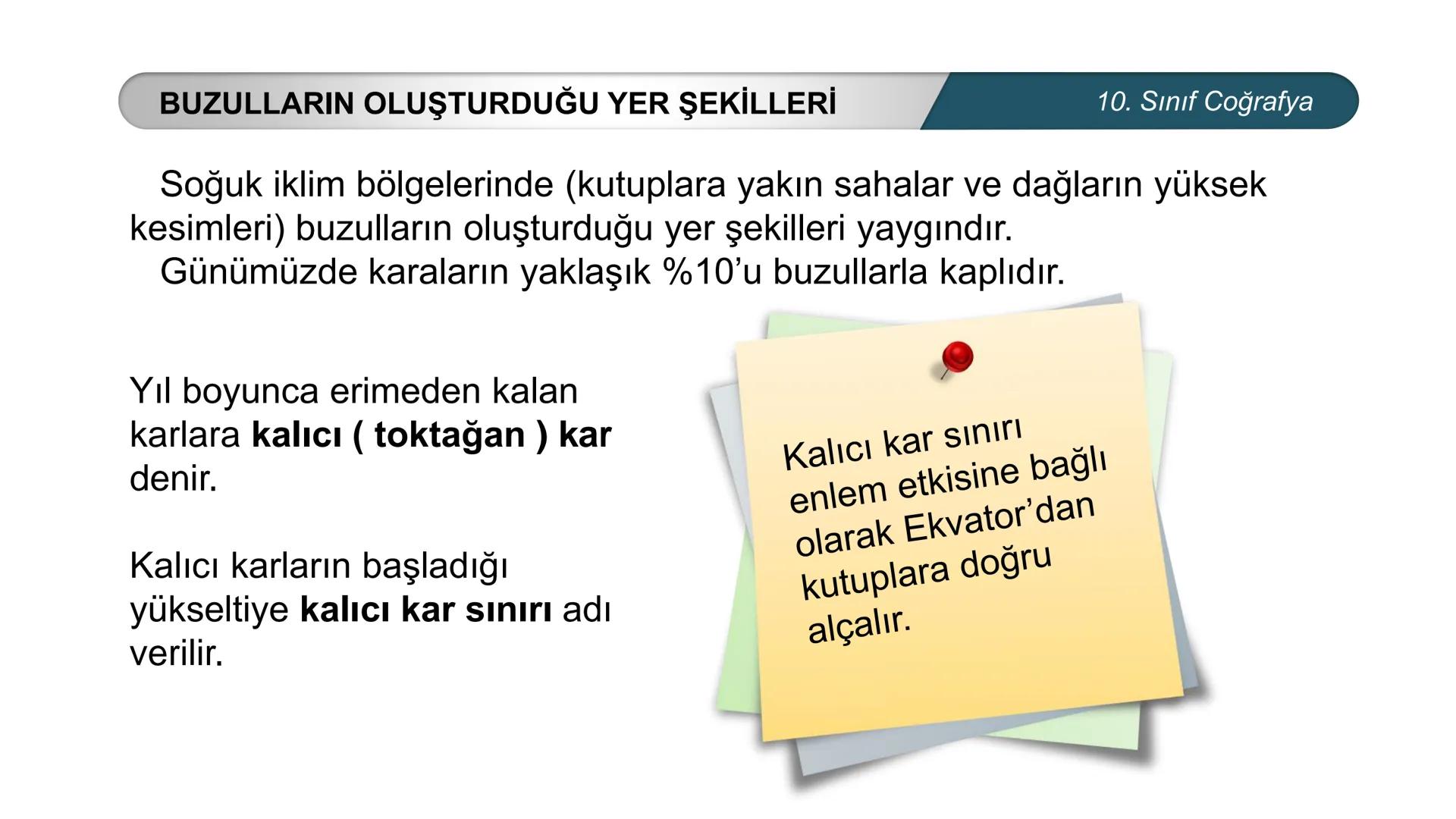 *
*
ETİ MİLLİ EG/T
CUMHURİYE
TIM
BAKANLIGI
DO
*
*
*
COĞRAFYA
10. SINIF
DOĞAL SİSTEMLER
Çözünebilen Kayaçlarda Oluşan Yer Şekilleri
Buzullar