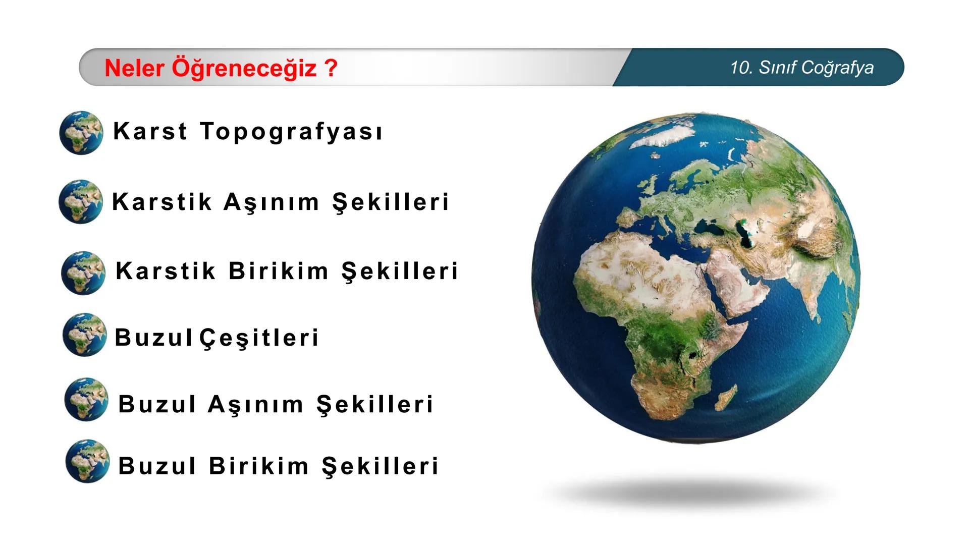 *
*
ETİ MİLLİ EG/T
CUMHURİYE
TIM
BAKANLIGI
DO
*
*
*
COĞRAFYA
10. SINIF
DOĞAL SİSTEMLER
Çözünebilen Kayaçlarda Oluşan Yer Şekilleri
Buzullar