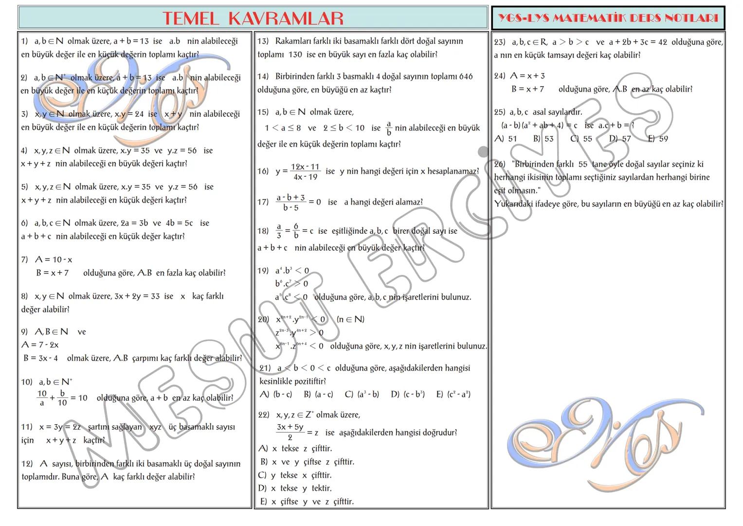 # TEMEL KAVRAMLAR
1) a,b∈N olmak üzere, a + b = 13 ise a.b nin alabileceği
en büyük değer ile en küçük değerin toplamı kaçtır?
2) a,b∈N ol