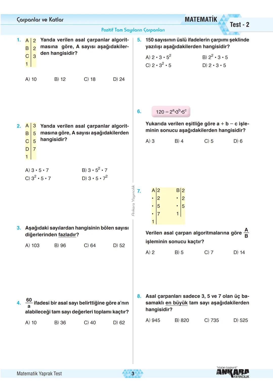 # Çarpanlar ve Katlar
Pozitif Tam Sayıların Çarpanları
MATEMATİK Test - 2
1. A 2 Yanda verilen asal çarpanlar algorit-
B 2 masına göre, A