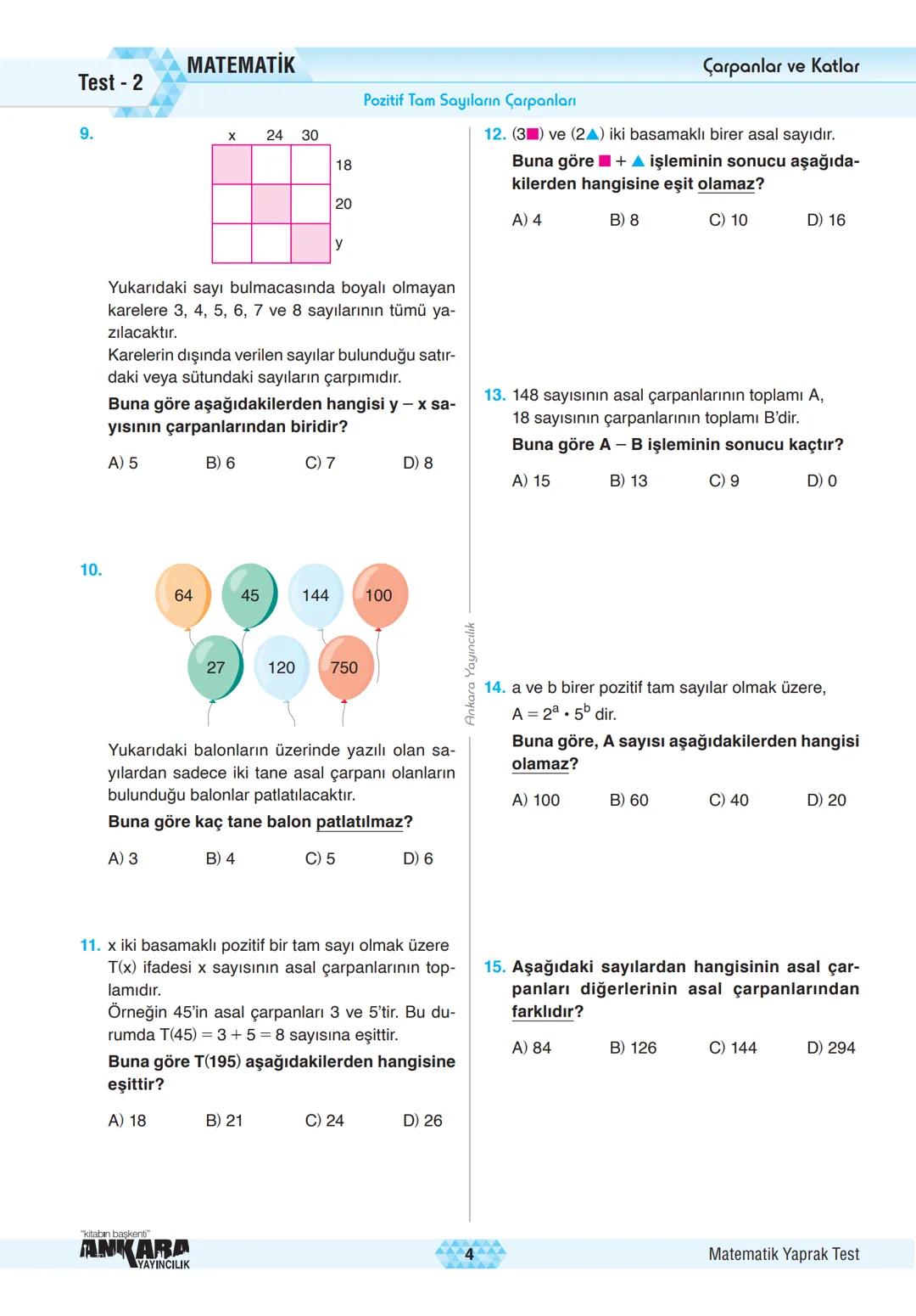# Çarpanlar ve Katlar
Pozitif Tam Sayıların Çarpanları
MATEMATİK Test - 2
1. A 2 Yanda verilen asal çarpanlar algorit-
B 2 masına göre, A