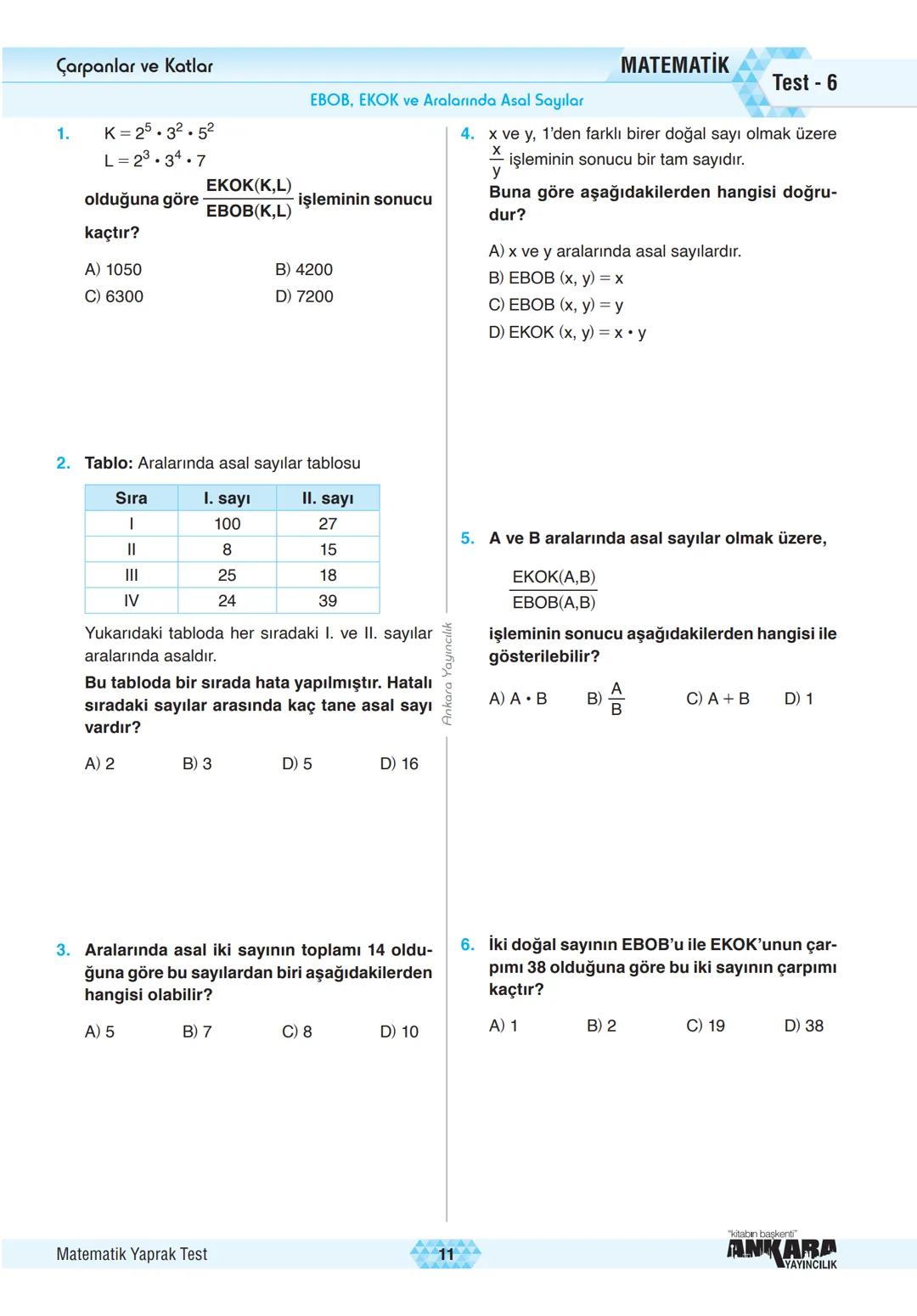 # Çarpanlar ve Katlar
Pozitif Tam Sayıların Çarpanları
MATEMATİK Test - 2
1. A 2 Yanda verilen asal çarpanlar algorit-
B 2 masına göre, A