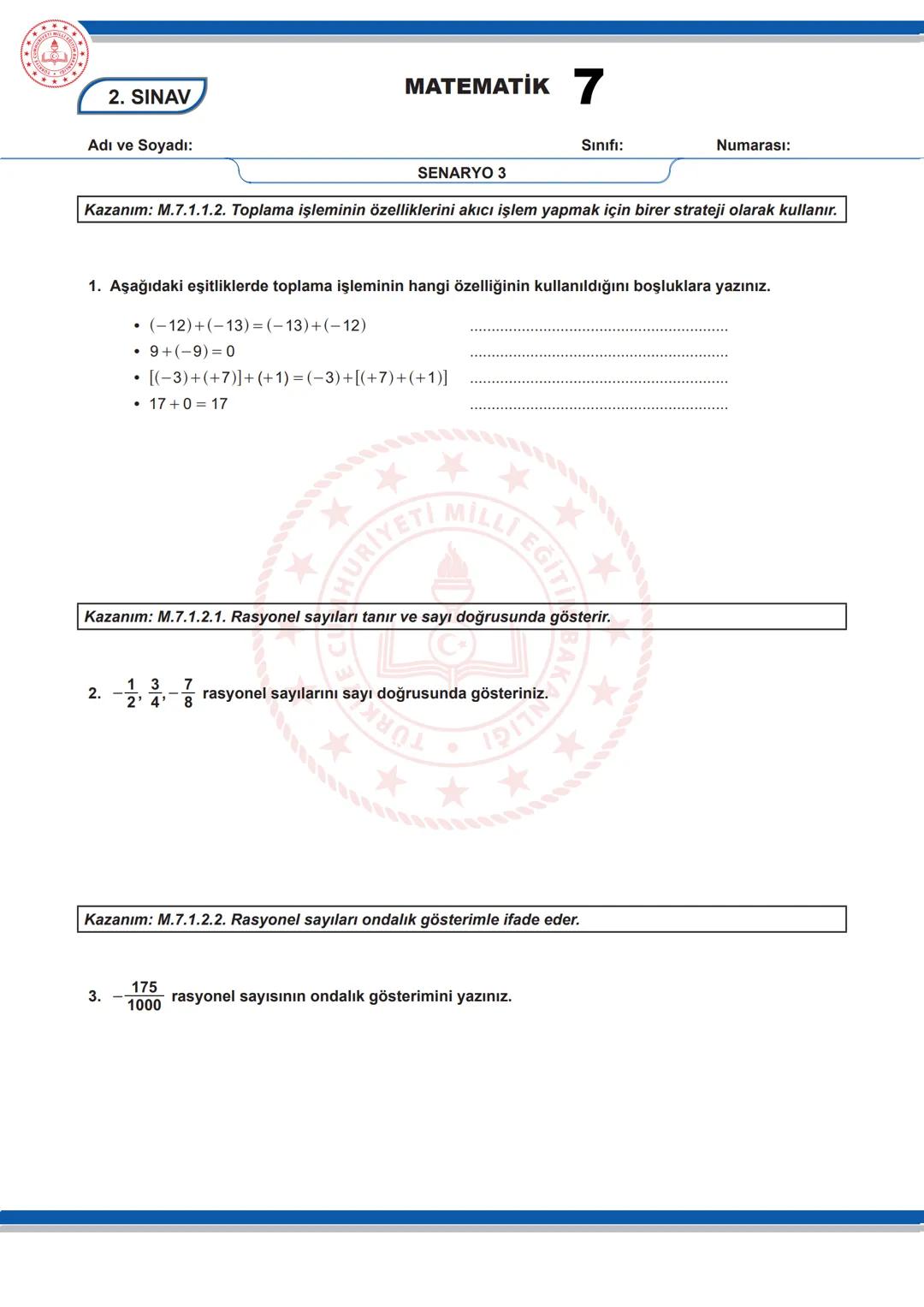 # MATEMATİK 7
2. SINAV
7. SINIF 1. DÖNEM 2. ORTAK YAZILI KONU SORU DAĞILIM TABLOSU VE ÖRNEK SENARYOLAR
Konu soru dağılım tablosu, öğretim