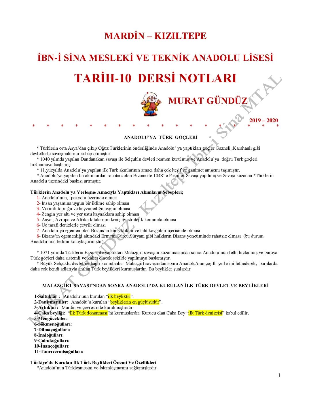 10.sınıf tarih ders notu