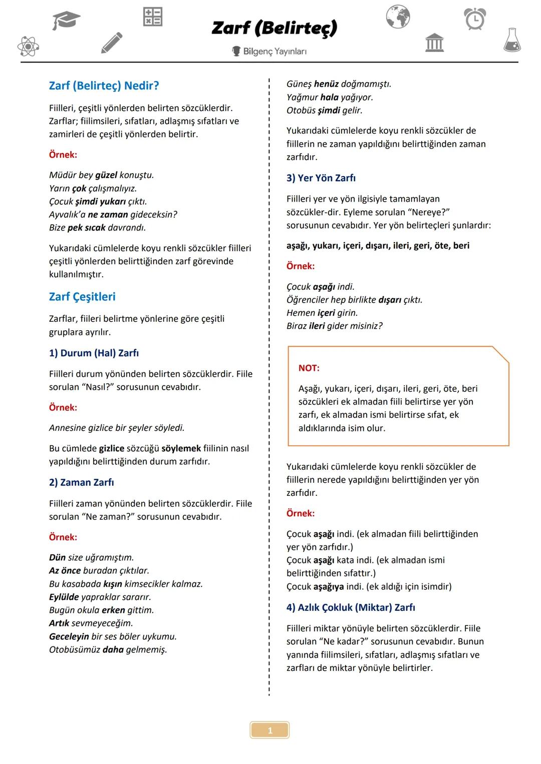 Zarf (Belirteç)
Bilgenç Yayınları
Zarf (Belirteç) Nedir?
Fiilleri, çeşitli yönlerden belirten sözcüklerdir.
Zarflar; fiilimsileri, sıfatları