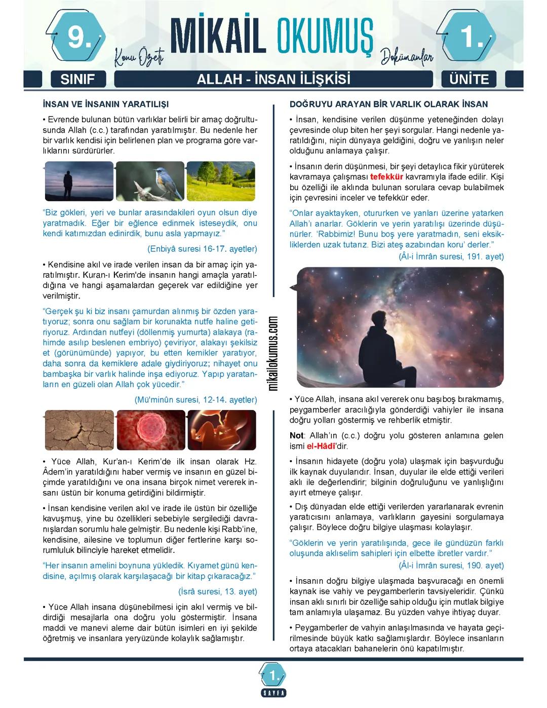 9. Sınıf din kültürü ahlak bilgisi 1. Ünite özet