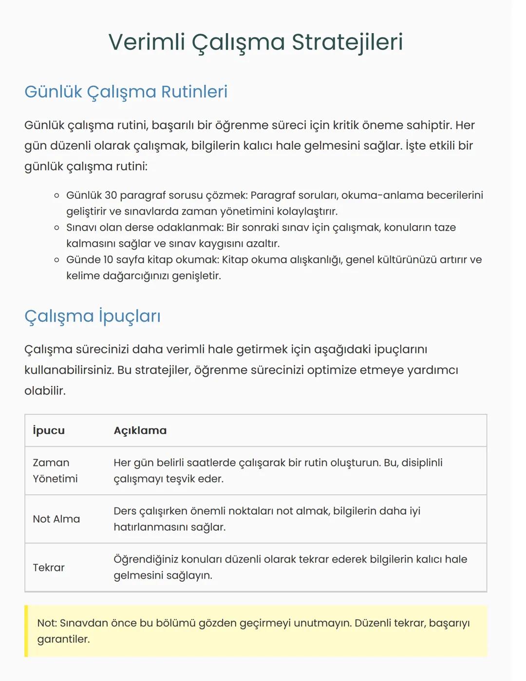 Verimli Çalışma Stratejileri
Günlük Çalışma Rutinleri
Günlük çalışma rutini, başarılı bir öğrenme süreci için kritik öneme sahiptir. Her
gün