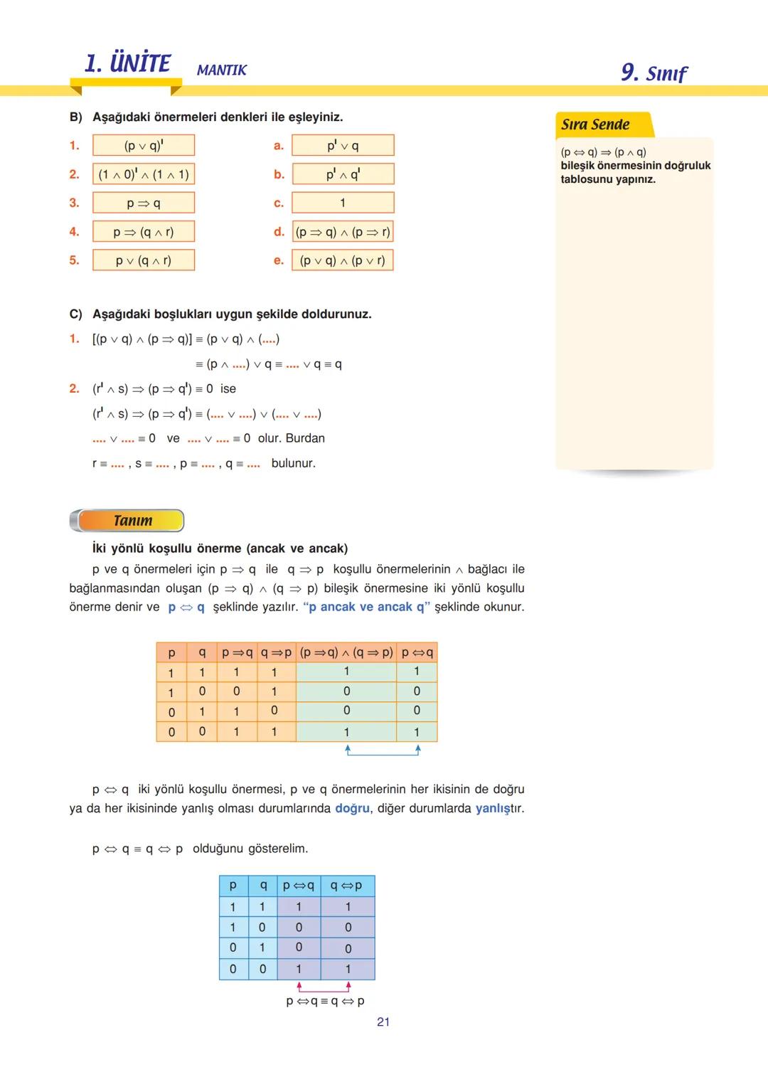 9. Sınıf
Uyarı
n tane basit önermenin doğru-
luk tablosunda 2 tane durum
vardır.
Sıra Sende
Aşağıdakilerden hangisi öner-
medir? Doğrulu