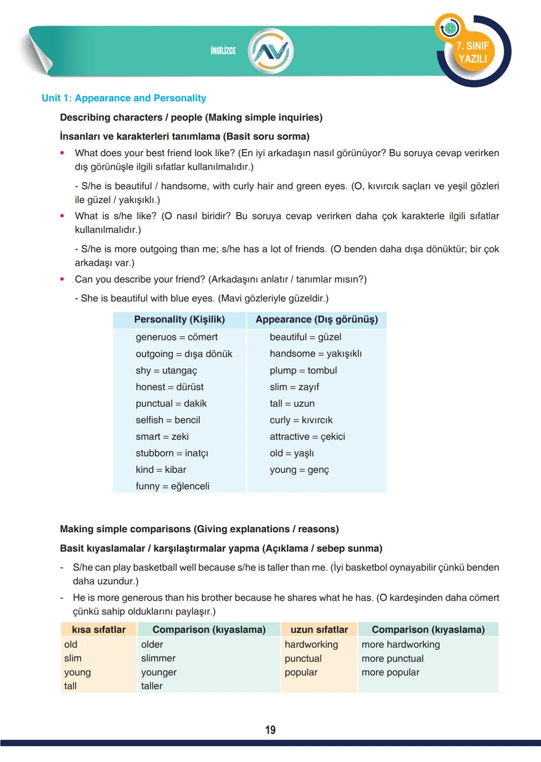 # İNGİLİZCE
7. SINIF
YAZILI
Unit 1: Appearance and Personality
Describing characters / people (Making simple inquiries)
İnsanları ve kar
