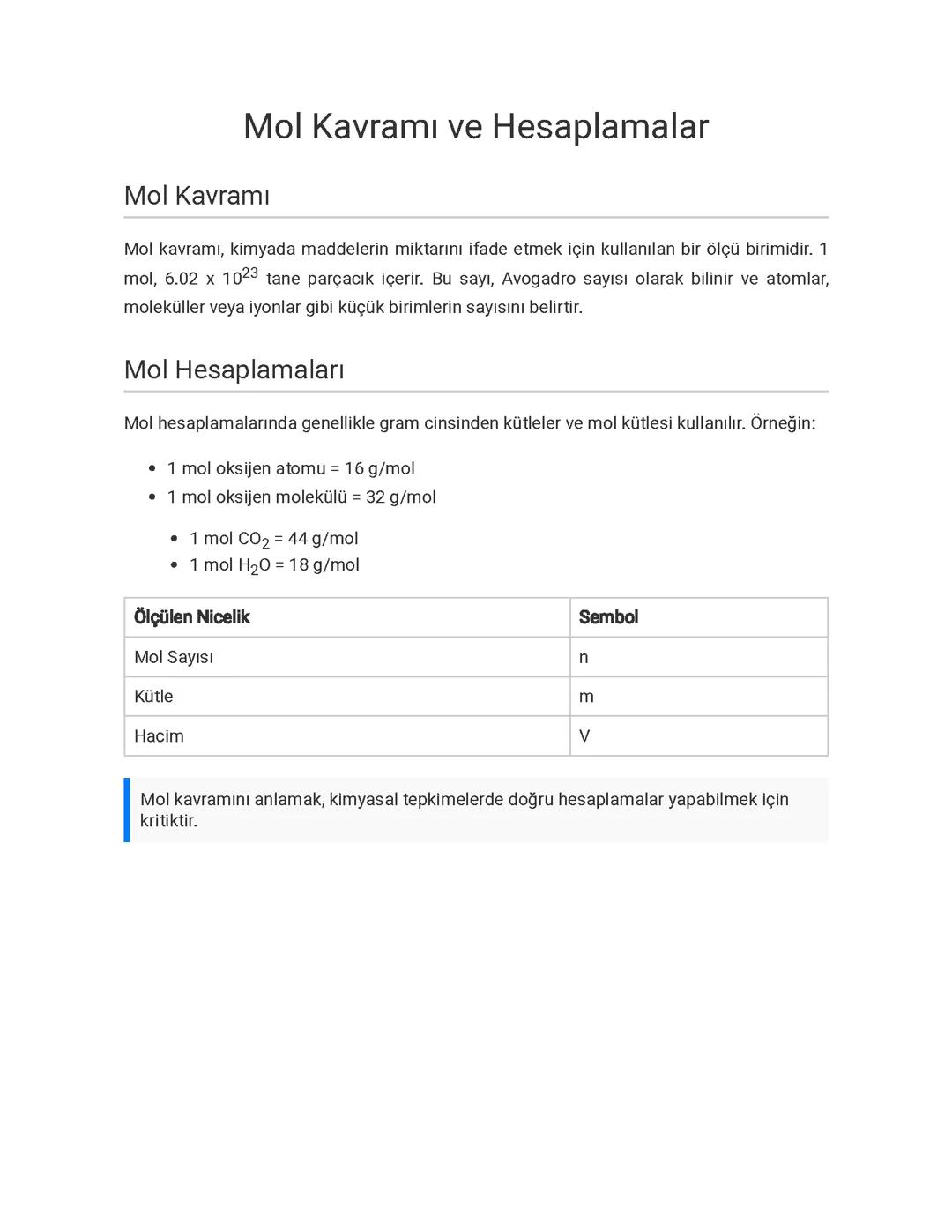 Mol Kavramı ve Hesaplamalar