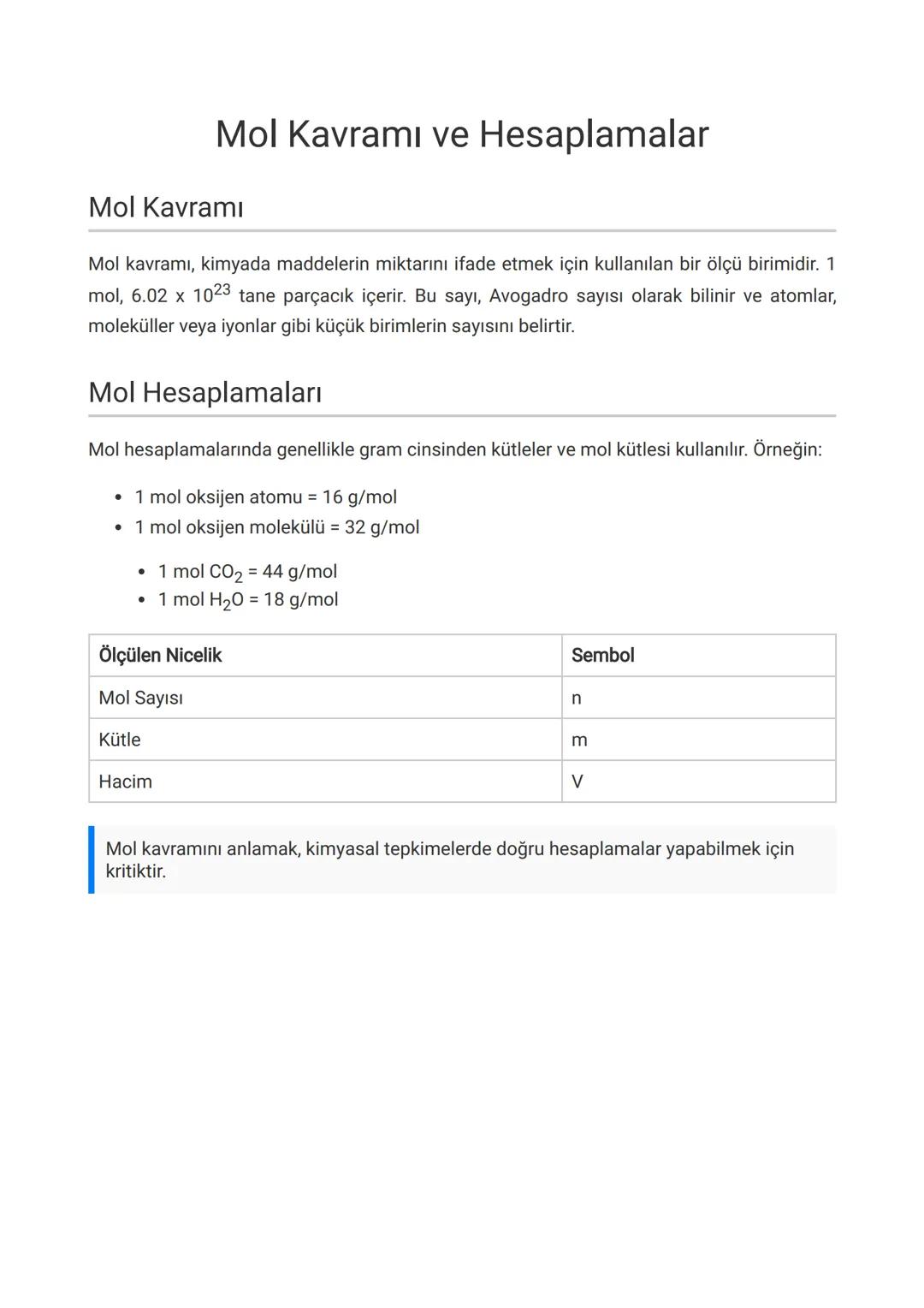Mol Kavramı ve Hesaplamalar
Mol Kavramı
Mol kavramı, kimyada maddelerin miktarını ifade etmek için kullanılan bir ölçü birimidir. 1
mol, 6.0