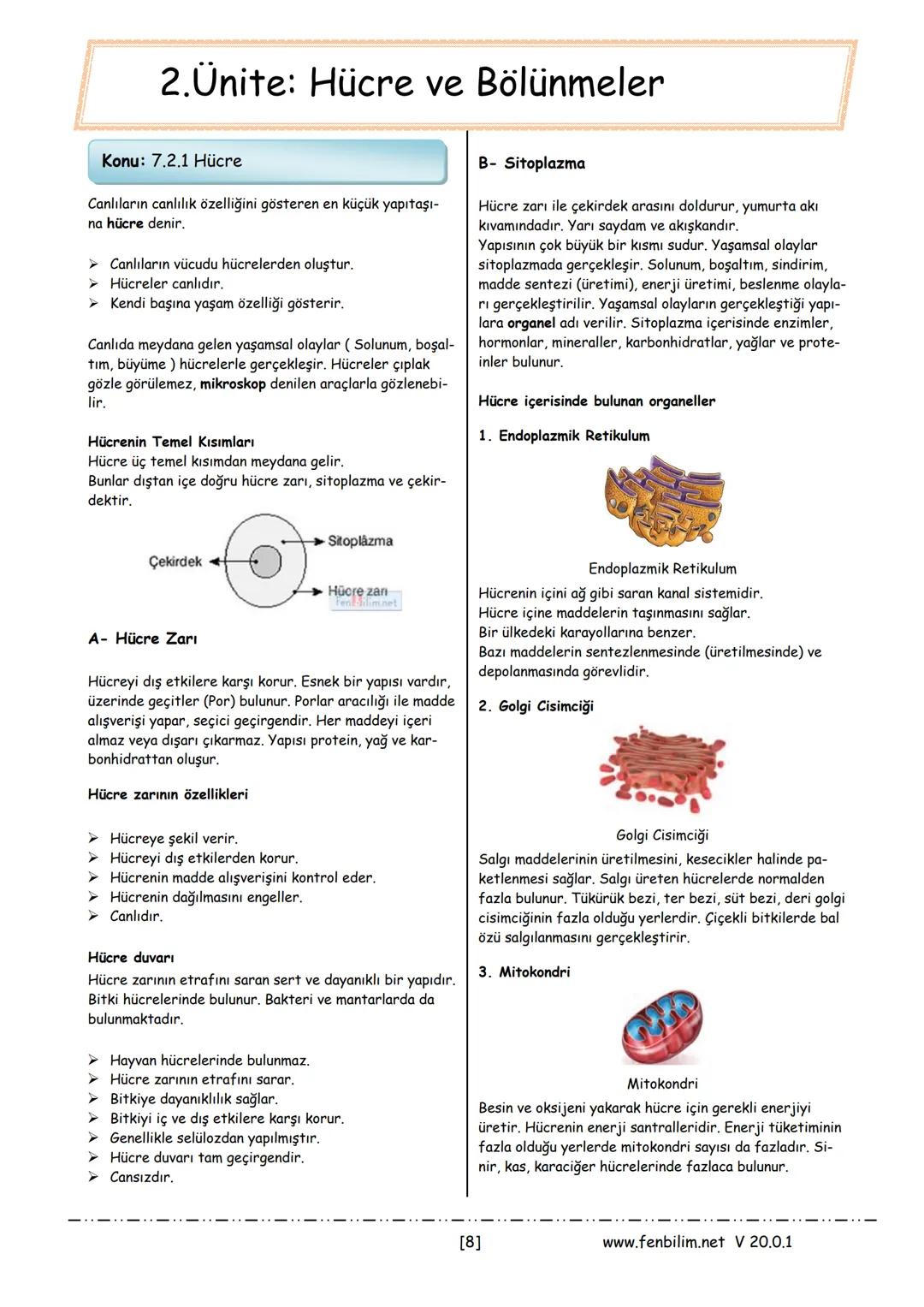 # 2.Ünite: Hücre ve Bölünmeler
Konu: 7.2.1 Hücre
Canlıların canlılık özelliğini gösteren en küçük yapıtaşı-
na hücre denir.
➤ Canlıların
