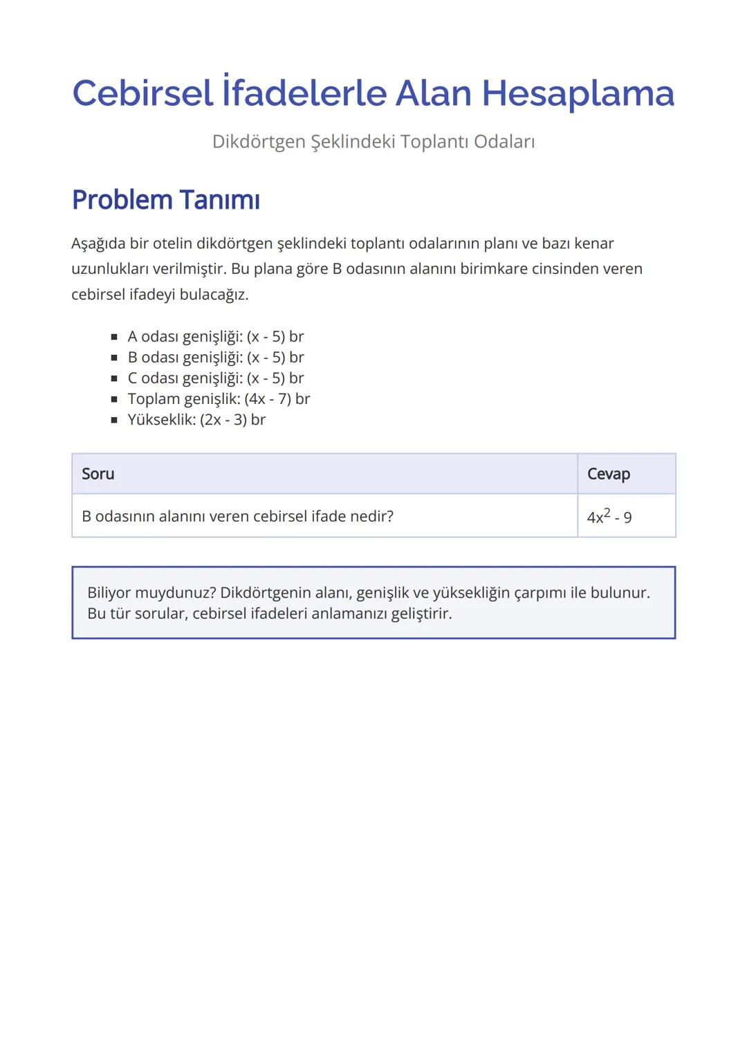 Cebirsel İfadelerle Alan Hesaplama
Dikdörtgen Şeklindeki Toplantı Odaları
Problem Tanımı
Aşağıda bir otelin dikdörtgen şeklindeki toplantı o