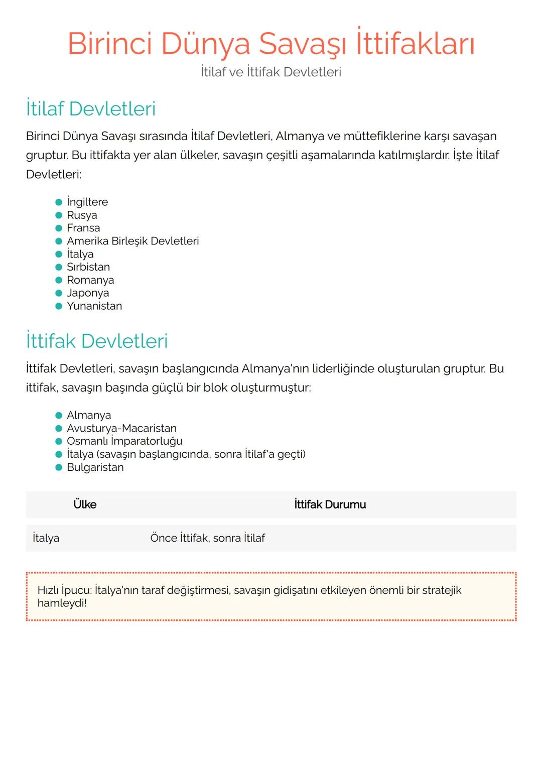# Birinci Dünya Savaşı İttifakları
İtilaf ve İttifak Devletleri
## İtilaf Devletleri
Birinci Dünya Savaşı sırasında İtilaf Devletleri, Alm