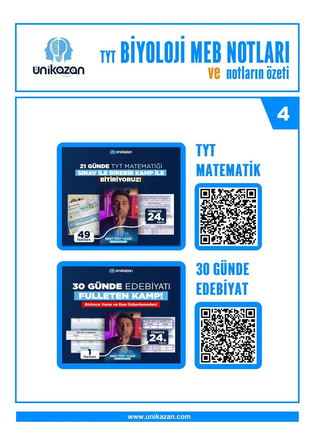 unikazan
TYT BİYOLOJİ MEB NOTLARI
ve notların özeti
4
unikazan
21 GÜNDE TYT MATEMATİĞİ
SINAV İLE BİREBİR KAMP İLE
BİTİRİYORUZ!
TYT
MATEMATİK