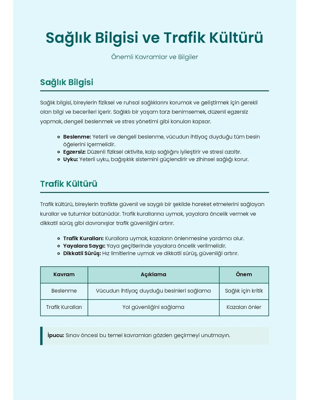 Sağlık Bilgisi ve Trafik Kültürü