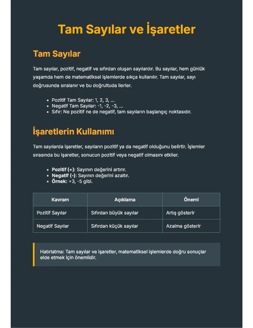 Tam Sayılar ve İşaretler