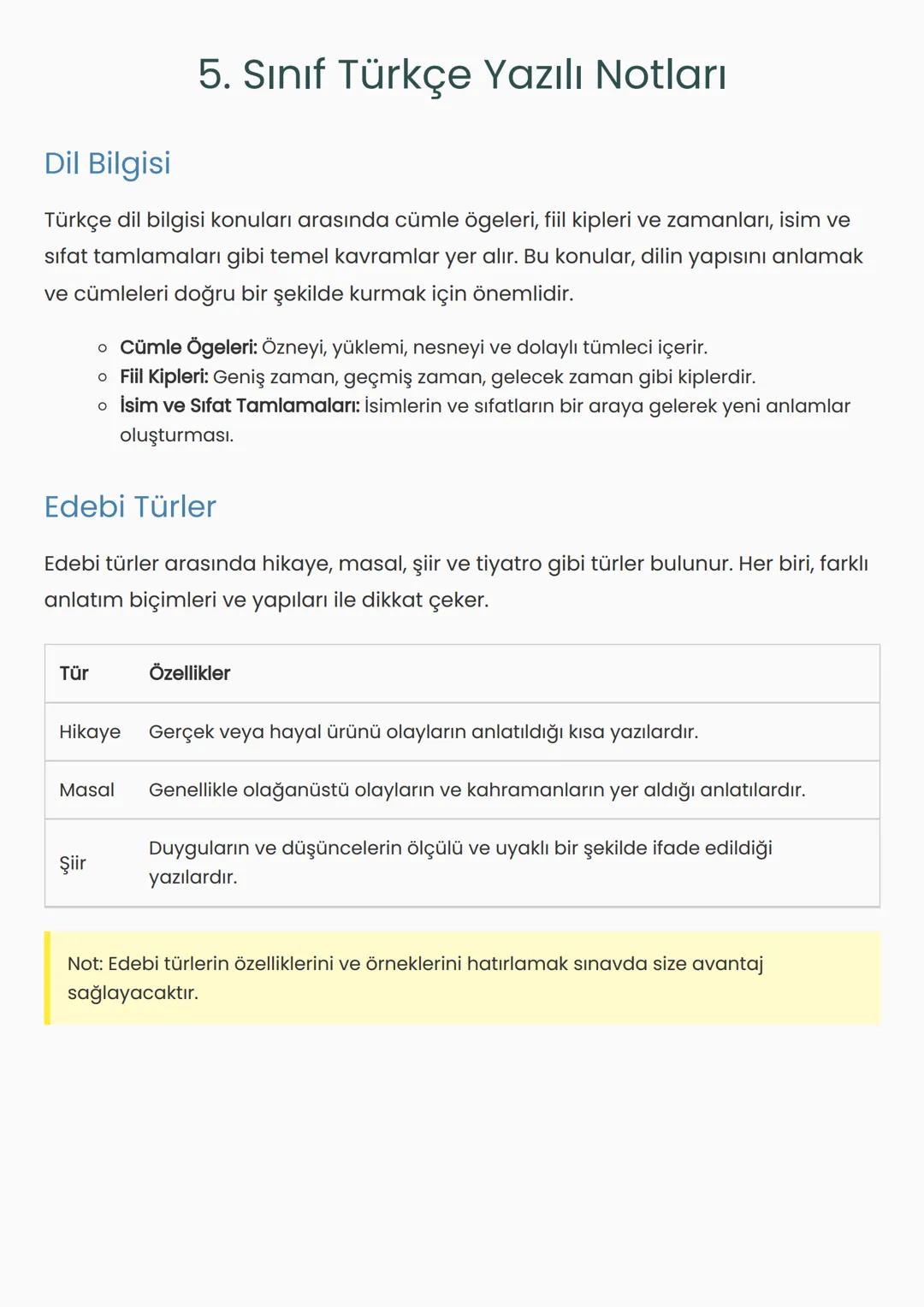 # 5. Sınıf Türkçe Yazılı Notları
Dil Bilgisi
Türkçe dil bilgisi konuları arasında cümle ögeleri, fiil kipleri ve zamanları, isim ve
sıfat