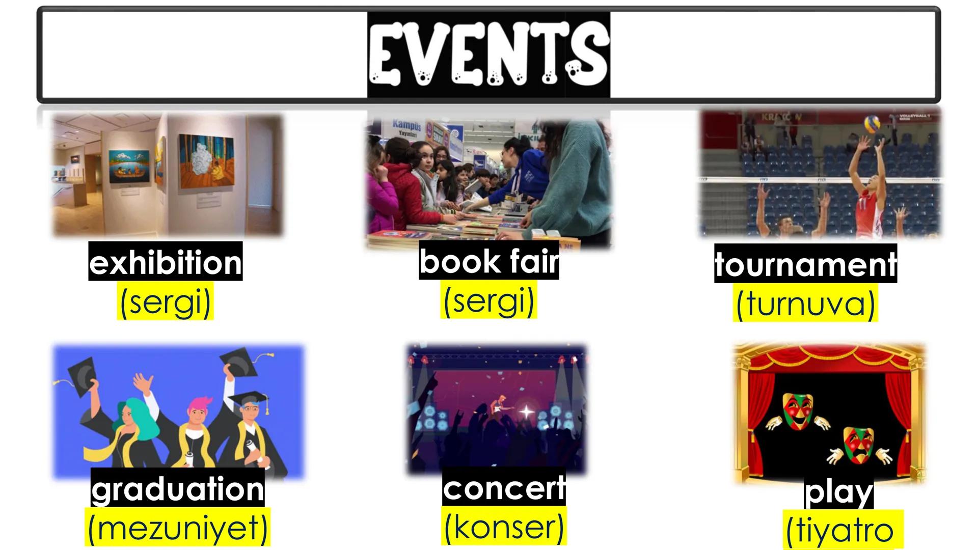 UNIT 1
FRIENDSHIP EVENTS
Kampüs
Yayınlan
exhibition
(sergi)
book fair
(sergi)
tournament
(turnuva)
graduation
concert
play
(mezuniyet)
(kons