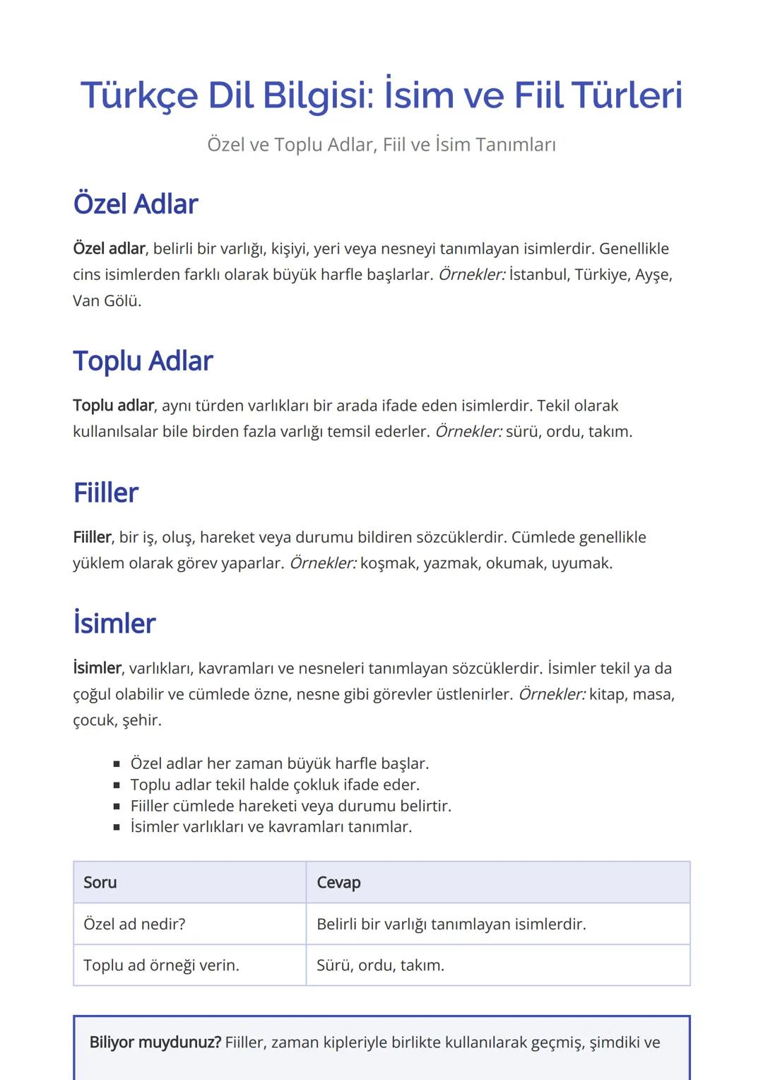 # Türkçe Dil Bilgisi: İsim ve Fiil Türleri
Özel Adlar
Özel ve Toplu Adlar, Fiil ve İsim Tanımları
Özel adlar, belirli bir varlığı, kişiyi,