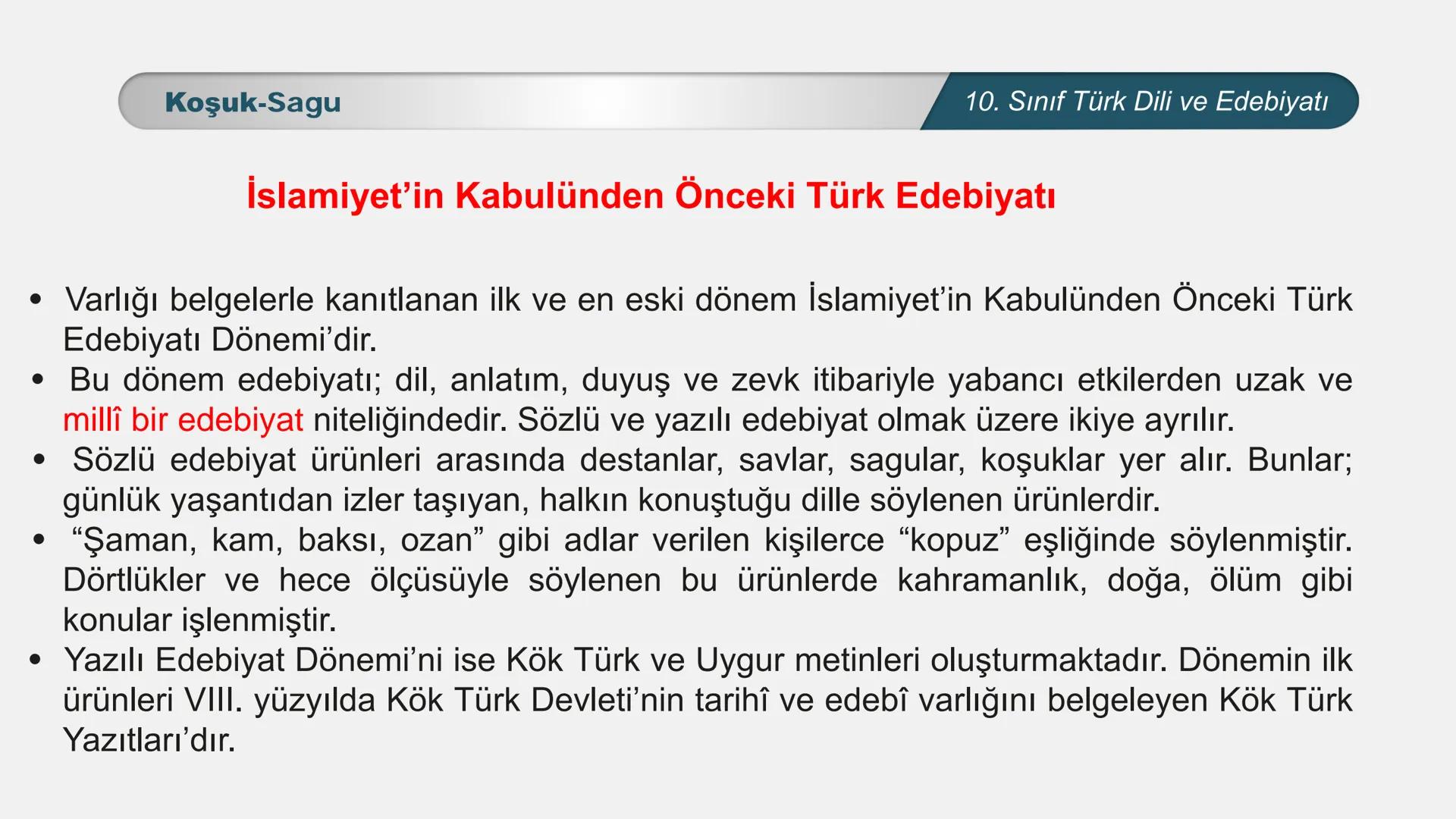 ALLI EGITI
TÜRKİYE CUMHURIYET
*
*
*
TÜRK DİLİ VE EDEBİYATI
10. SINIF
3. ÜNİTE- ŞİİR
KOŞUK- SAGU KOŞUK-SAGU
10. Sınıf Türk Dili ve Edebiyatı