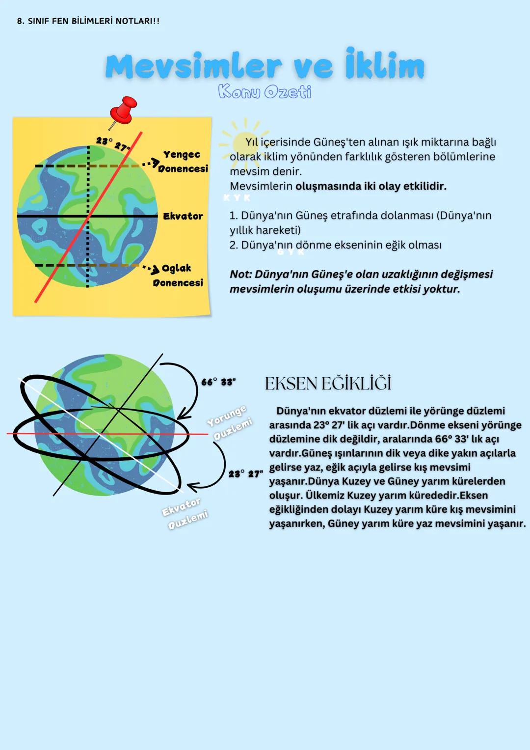 8. SINIF FEN BİLİMLERİ NOTLARI!!
Mevsimler ve İklim
Konu Ozeti
23° 27"
Yengec
Donencesi
Ekvator
**Oglak
Donencesi
Yıl içerisinde Güneş'ten a