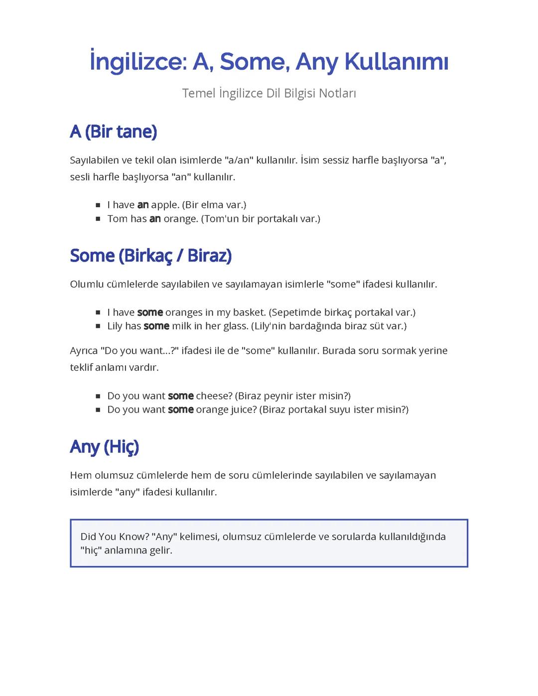 İngilizce: A, Some, Any Kullanımı