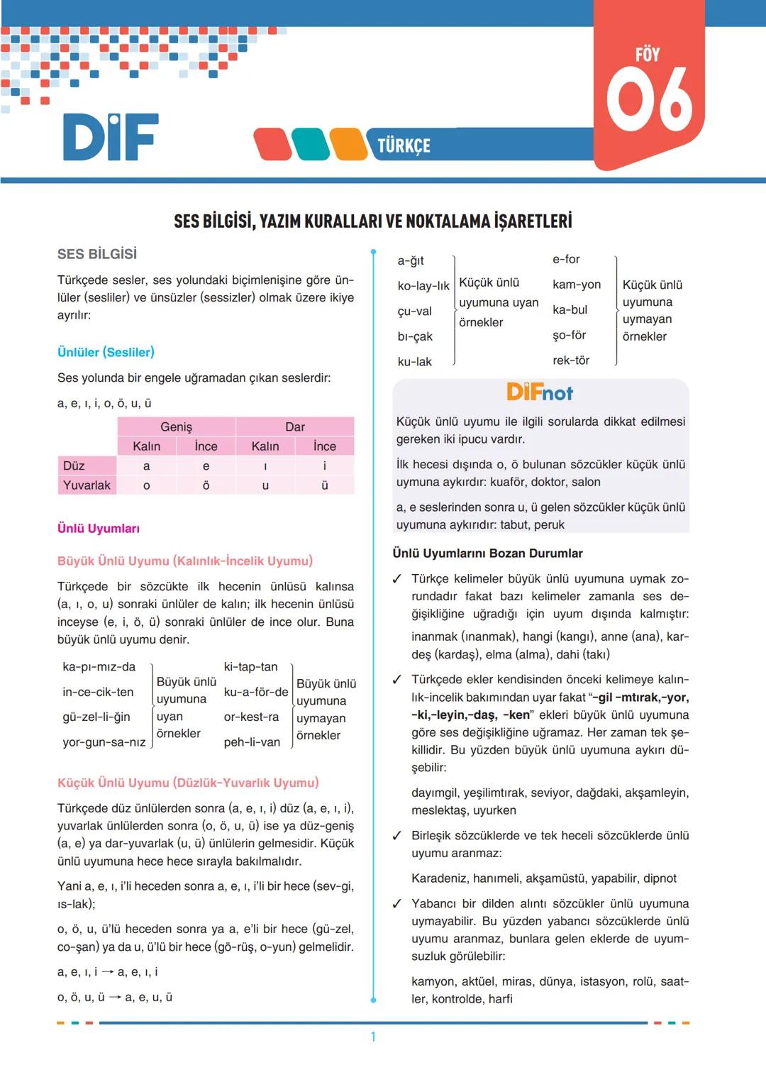 # FÖY
06
DIF
TÜRKÇE
SES BİLGİSİ
SES BİLGİSİ, YAZIM KURALLARI VE NOKTALAMA İŞARETLERİ
Türkçede sesler, ses yolundaki biçimlenişine göre ün