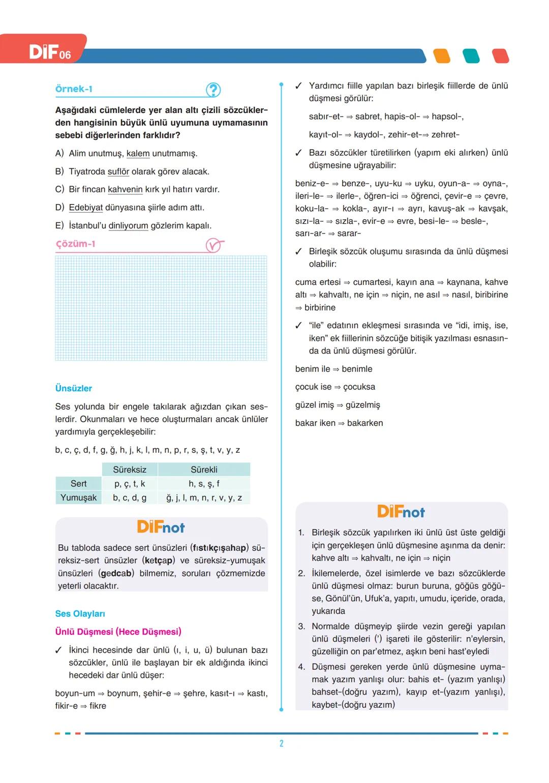 # FÖY
06
DIF
TÜRKÇE
SES BİLGİSİ
SES BİLGİSİ, YAZIM KURALLARI VE NOKTALAMA İŞARETLERİ
Türkçede sesler, ses yolundaki biçimlenişine göre ün