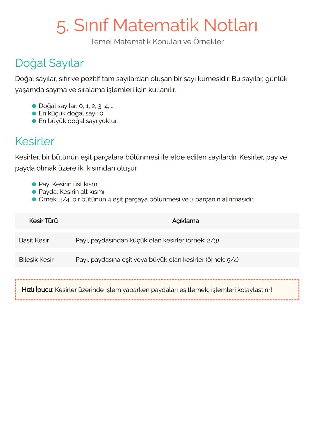 # 5. Sınıf Matematik Notları
Temel Matematik Konuları ve Örnekler
## Doğal Sayılar
Doğal sayılar, sıfır ve pozitif tam sayılardan oluşan b