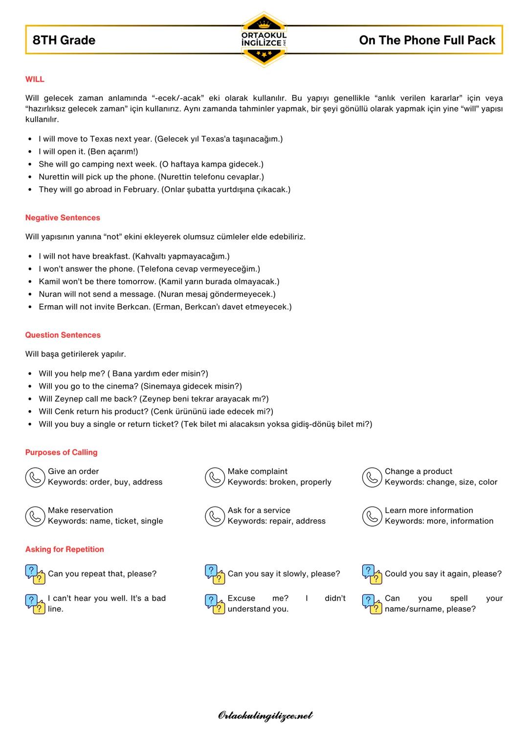 # 8TH Grade
ORTAOKUL
İNGİLİZCE
On The Phone Full Pack
VOCABULARY LIST
accident: kaza
addiction: bağımlılık
angry: kızgın
another: başka