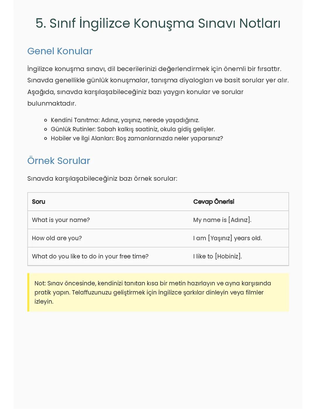 5. Sınıf İngilizce Konuşma Sınavı Hazırlık Notları