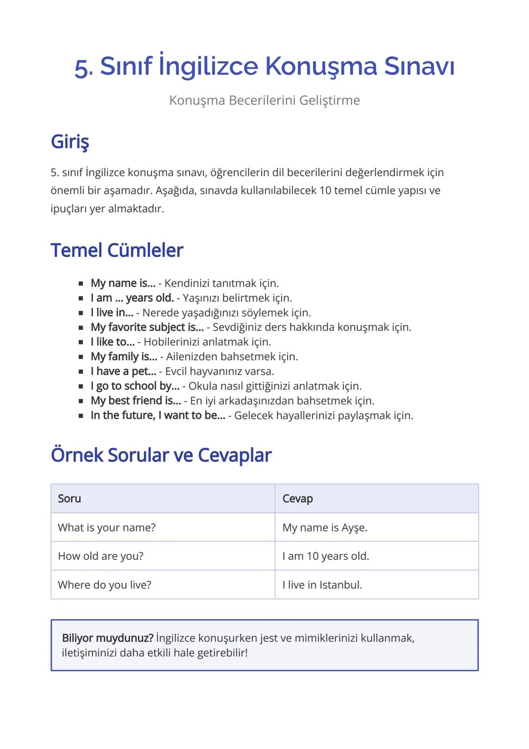 5. Sınıf İngilizce Konuşma Sınavı Notları